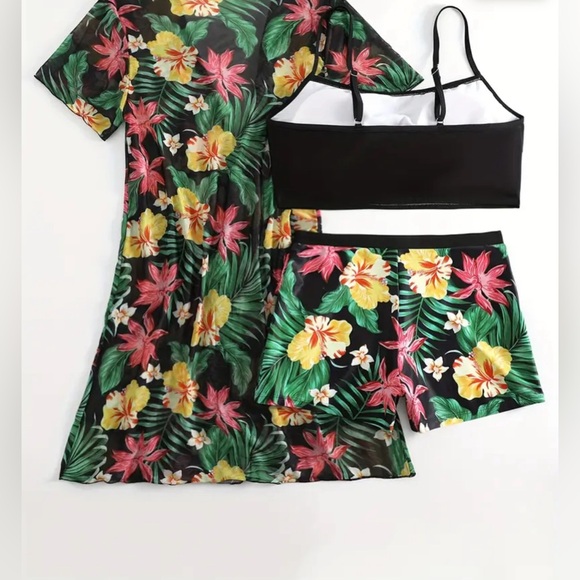 🌼💜NEW Tropical Floral Print Stretchy Black 3 Piece Swimsuit, Spaghetti Straps - Picture 3 of 8